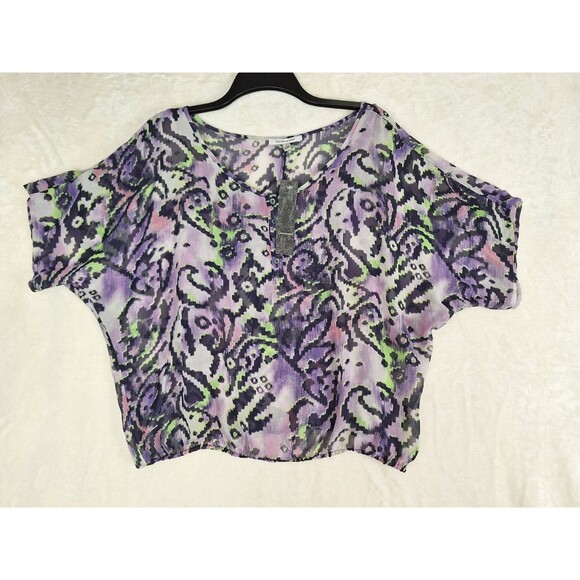 Quintessential Tops - Quintessential Women's Large Top Paisley Cropped Sheer Dolman Buttons Boxy Retro